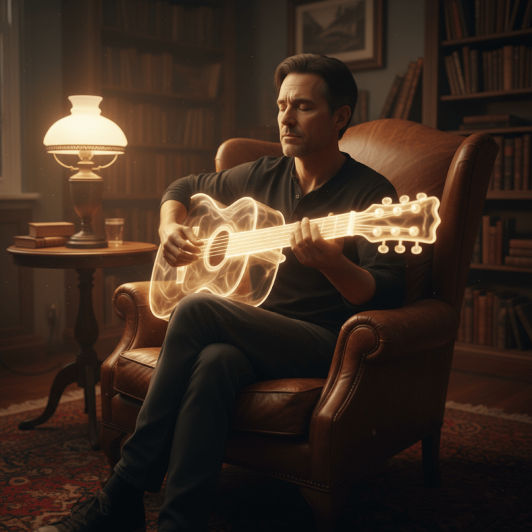 Homme concentré pratiquant la visualisation mentale pour reprendre la guitare, un manche lumineux apparaît entre ses mains.