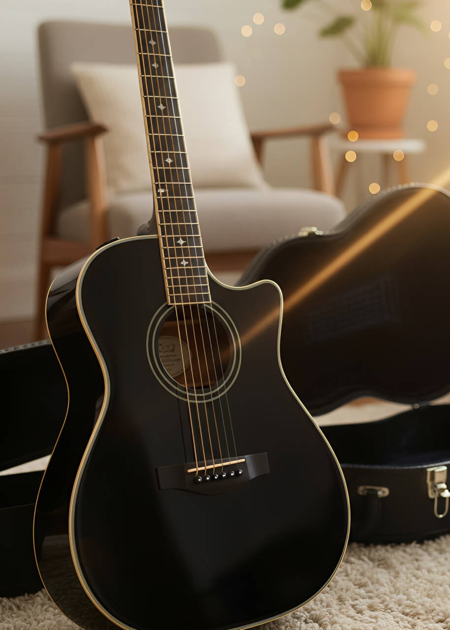 Une guitare folk noire baignée de soleil, son étui vide derrière elle, illustrant la passion retrouvée d'un élève du coaching Guitar Reboot.