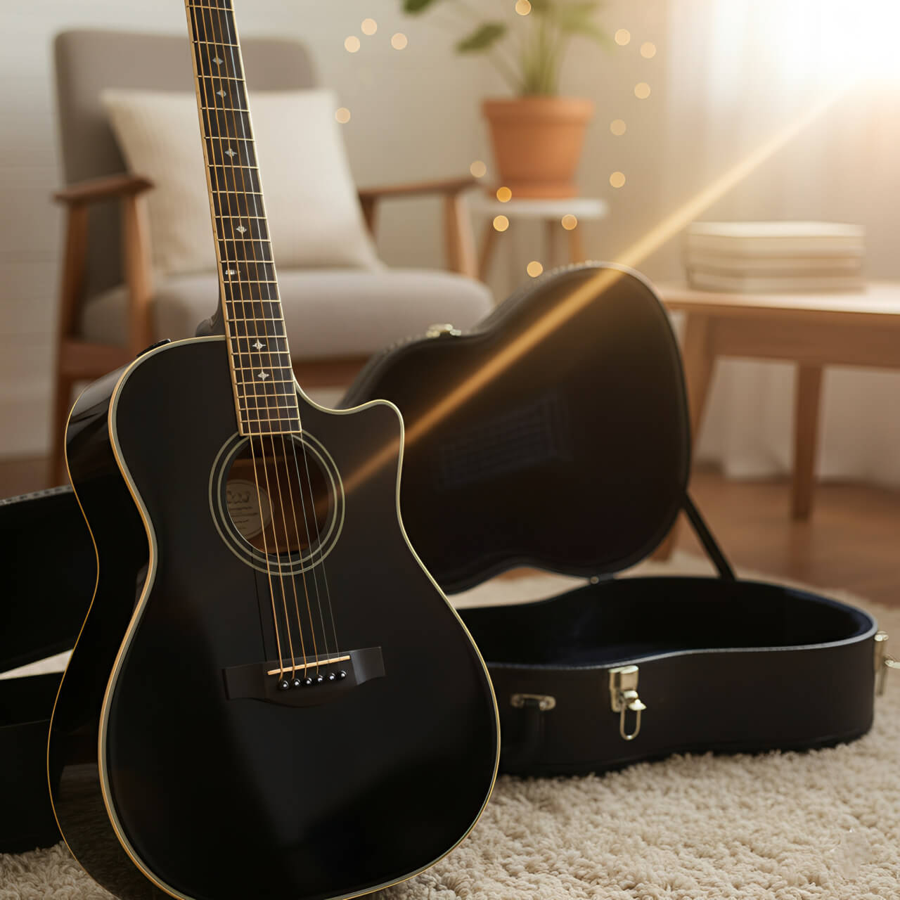 Une guitare folk noire baignée de soleil, son étui vide derrière elle, illustrant la passion retrouvée d'un élève du coaching Guitar Reboot.